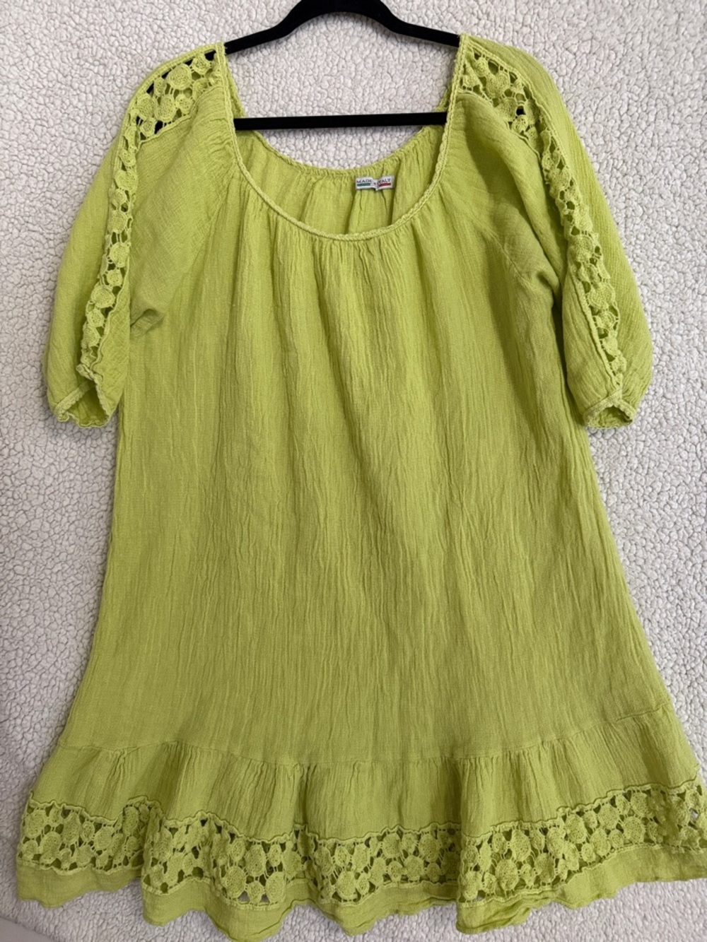 Made in Italy Lime Green Linen Cotton Summer Dress Size L – Crochet Detail